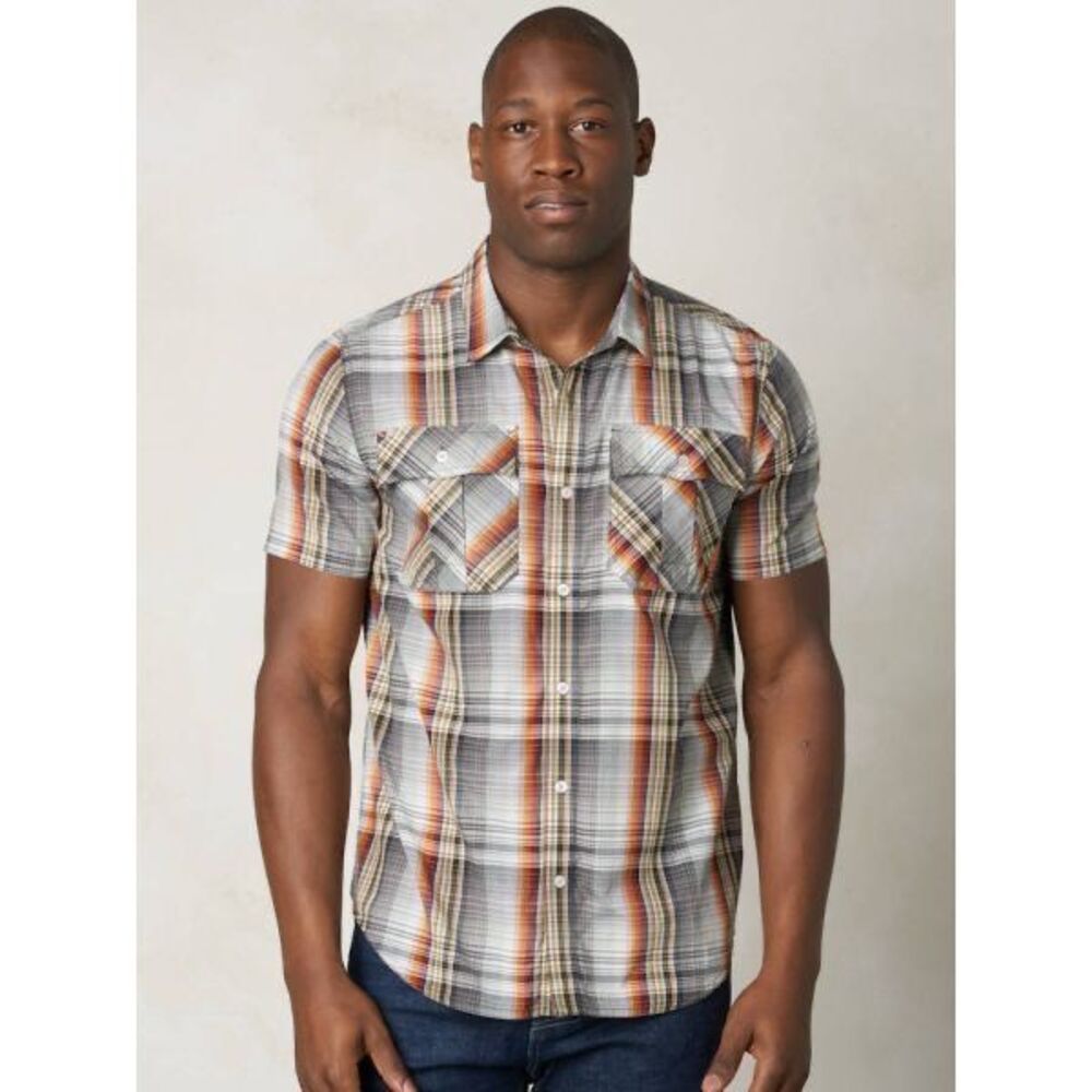 PrAna Ostend Short Sleeve Plaid Shirt Sz L Pockets
